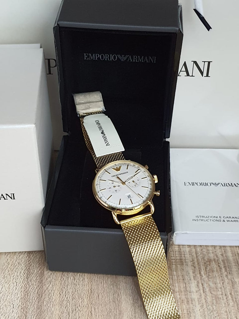 Emporio Armani Aviator Chronograph Quartz Beige Dial Gold Mesh Bracelet Watch For Men - AR11315 Buy Now By Emporio Armani