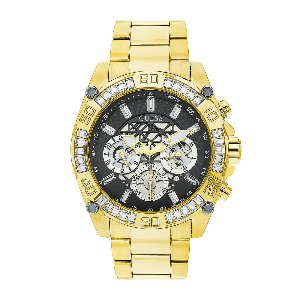 Guess Trophy Diamonds Black Dial Gold Steel Strap Watch for Men - GW0390G2 Buy Now By Guess