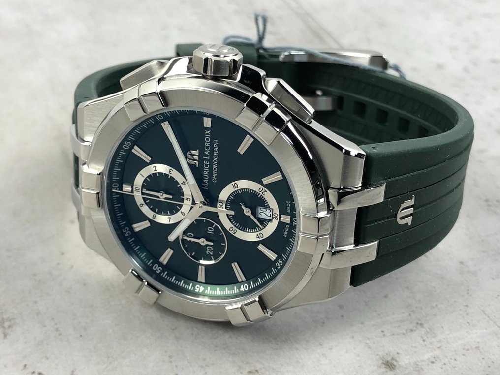 Maurice Lacroix Aikon Chronograph Green Dial Green Rubber Strap Watch for Men - AI1018-SS000-630-5 Buy Now By Maurice Lacroix