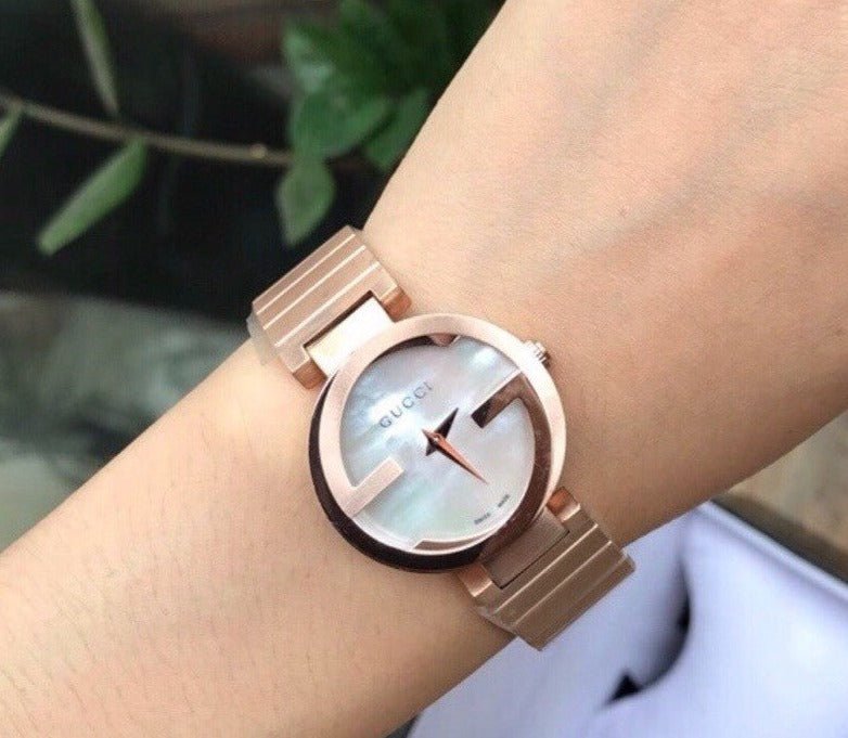 Gucci G Interlocking Mother of Pearl Dial Rose Gold Steel Strap Watch For Women - YA133515 Buy Now By Gucci