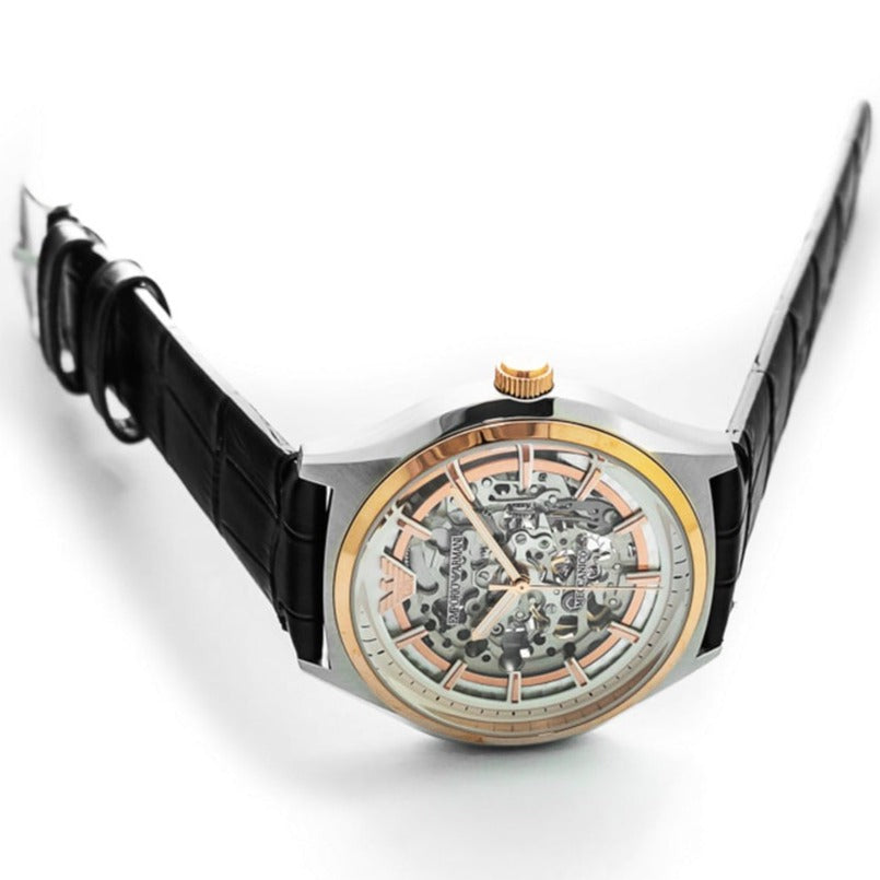 Emporio Armani Zeta Skeleton Automatic Silver Dial Black Leather Strap Watch For Men - AR60018 Buy Now By Emporio Armani