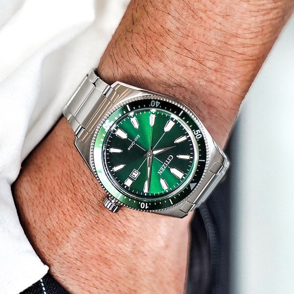 Citizen Eco Drive Vintage Green Dial Silver Steel Strap Watch For Men - AW1598-70X Buy Now By Citizen