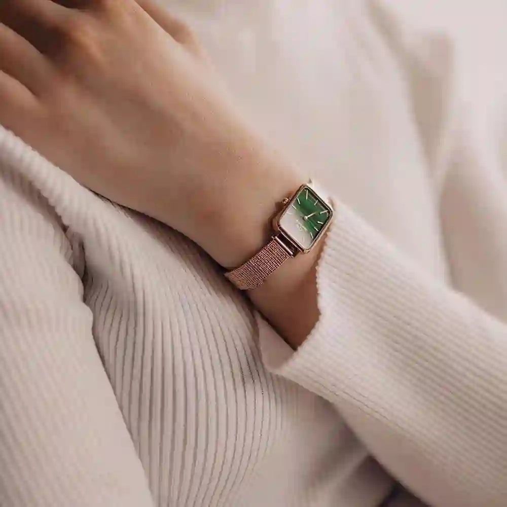 Daniel Wellington Quadro Melrose Green Dial Rose Gold Mesh Strap Watch For Women - DW00100437 Buy Now By Daniel Wellington