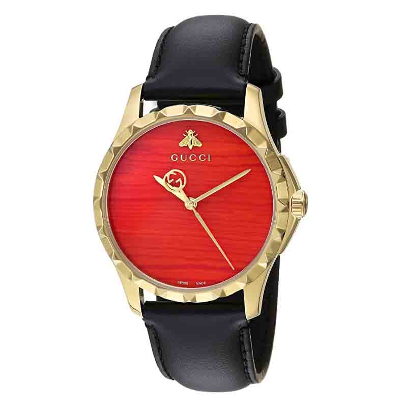 Gucci G Timeless Coral Red Dial Black Leather Strap Watch For Men - YA126464 Buy Now By Gucci