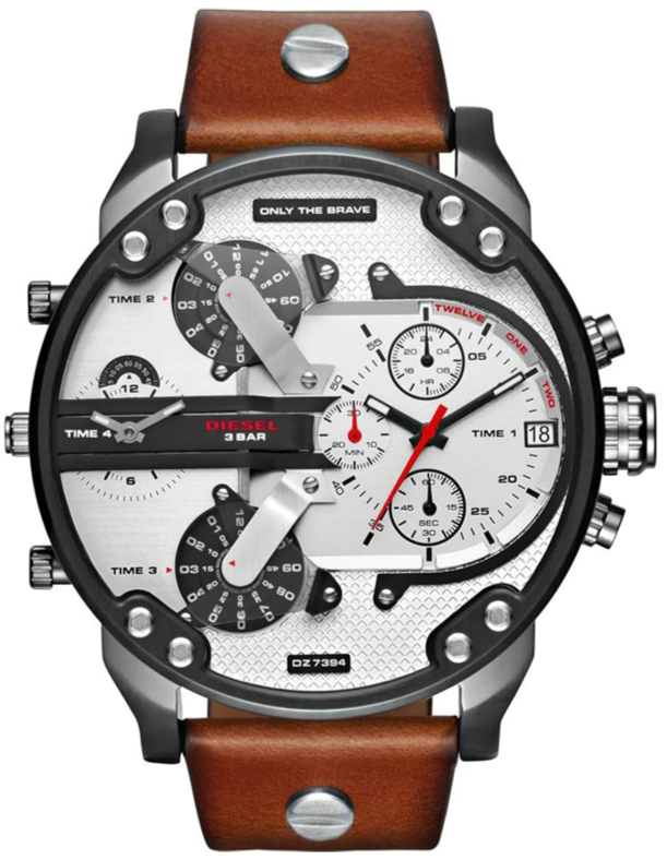 Diesel Mr. Daddy 2.0 Chronograph Silver Dial Brown Leather Strap Watch For Men - DZ7394 Buy Now By Diesel