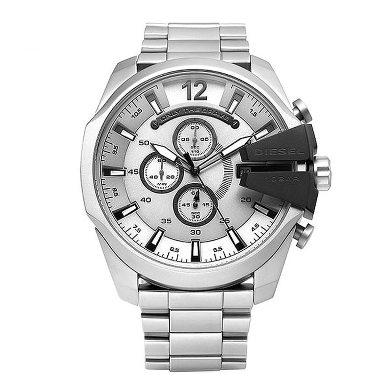 Diesel Mega Chief Chronograph Silver Dial Silver Steel Strap Watch For Men - DZ4501 Buy Now By Diesel
