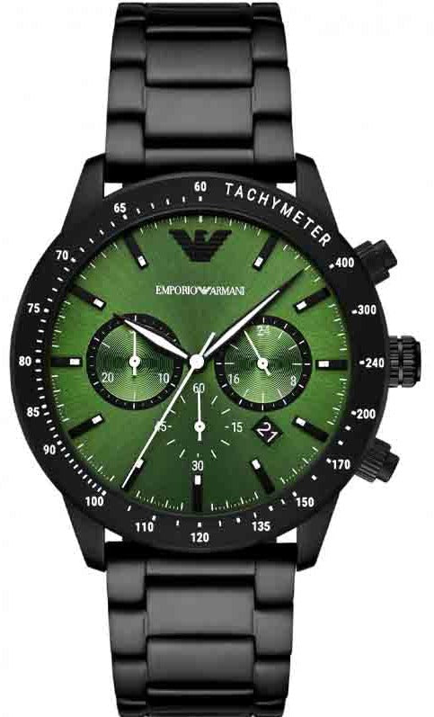 Emporio Armani Mario Chronograph Green Dial Black Steel Strap Watch For Men - AR11472 Buy Now By Emporio Armani