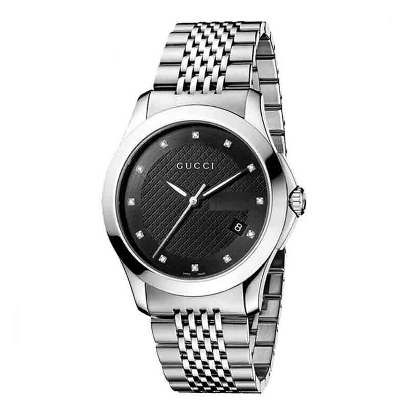 Gucci G Timeless Diamonds Black Dial Silver Steel Strap Watch For Men - YA126405 Buy Now By Gucci