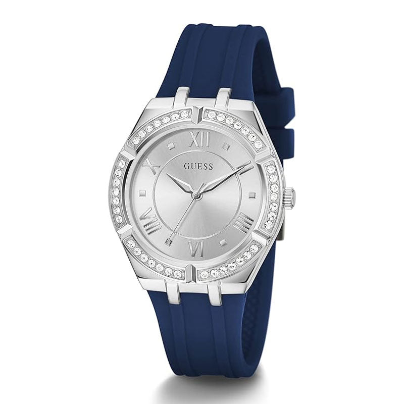 Guess Cosmo Diamonds Silver Dial Blue Rubber Strap Watch for Women - GW0034L5 Buy Now By Guess