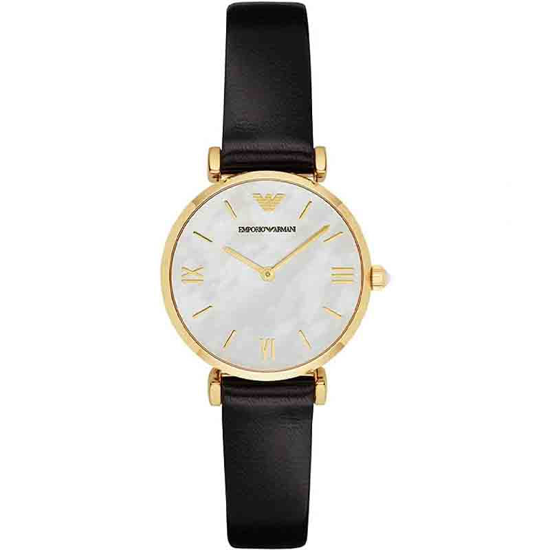 Emporio Armani Gianni T-Bar Quartz Mother of Pearl Dial Black Leather Strap Watch For Women - AR1910 Buy Now By Emporio Armani