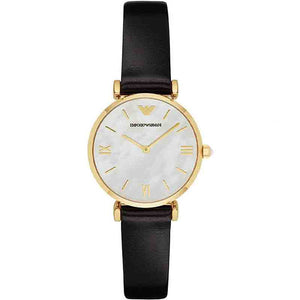 Emporio Armani Gianni T-Bar Quartz Mother of Pearl Dial Black Leather Strap Watch For Women - AR1910 Buy Now By Emporio Armani