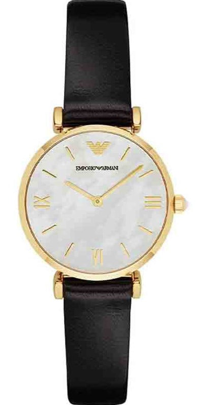 Emporio Armani Gianni T-Bar Quartz Mother of Pearl Dial Black Leather Strap Watch For Women - AR1910 Buy Now By Emporio Armani