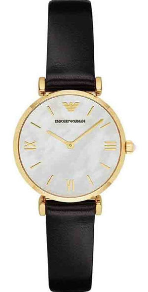 Emporio Armani Gianni T-Bar Quartz Mother of Pearl Dial Black Leather Strap Watch For Women - AR1910 Buy Now By Emporio Armani
