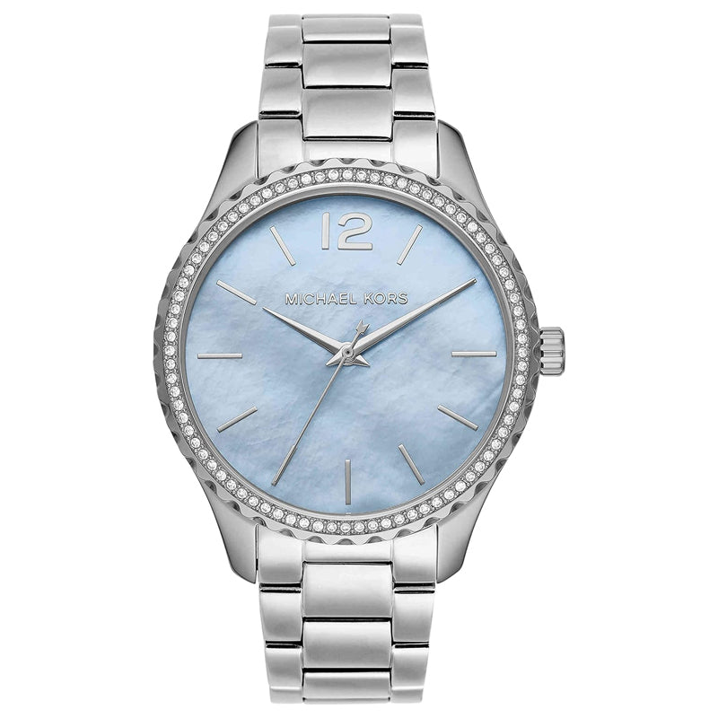 Michael Kors Layton Chronograph Mother of Pearl Blue Dial Silver Steel Strap Watch For Women - MK6847 Buy Now By Michael Kors