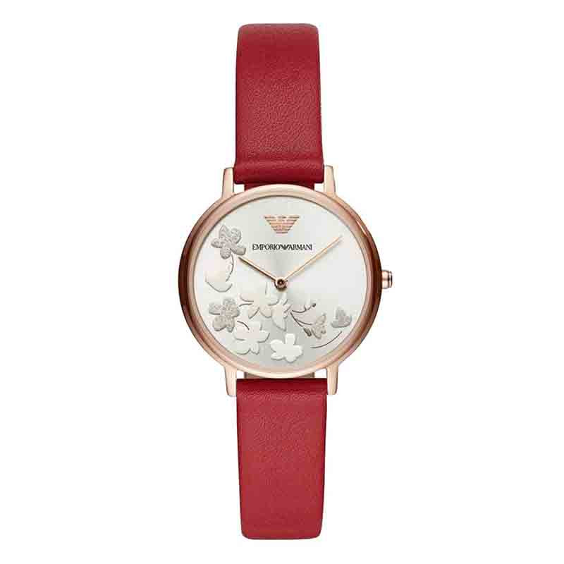 Emporio Armani Kappa Classic Quartz Silver Dial Red Leather Strap Watch For Women - AR11114 Buy Now By Emporio Armani