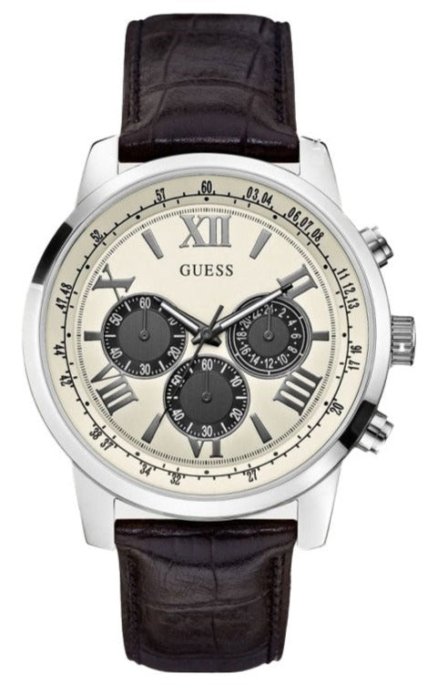 Guess Chronograph Quartz White Dial Brown Leather Strap Watch For Men - W0380G1 Buy Now By Guess