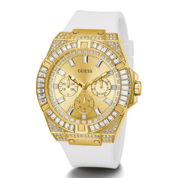 Guess Baguette Crystals Gold Dial White Silicone Strap Watch For Men - GW0208G3 Buy Now By Guess
