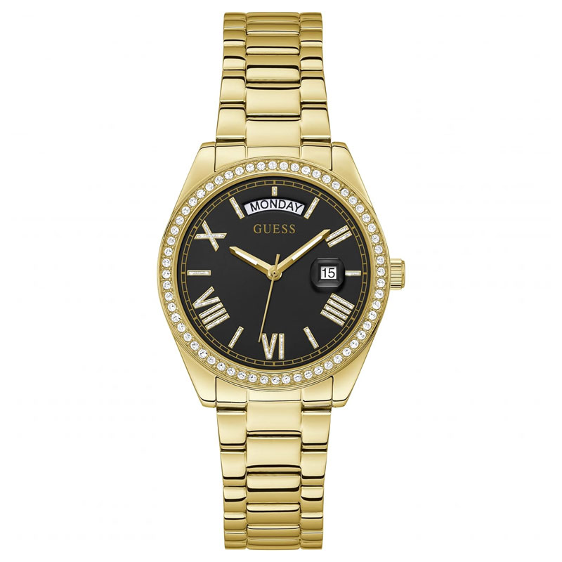 Guess Luna Diamonds Black Dial Gold Steel Strap Watch for Women - GW0307L2 Buy Now By Guess