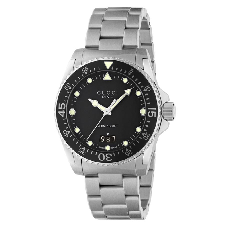 Gucci Dive Quartz Black Dial Silver Steel Strap Watch For Men - YA136301B Buy Now By Gucci