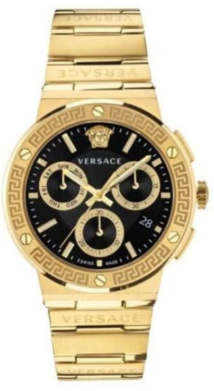 Versace Greca Chronograph Black Dial Gold Steel Strap Watch For Men - VEZ900421 Buy Now By Versace