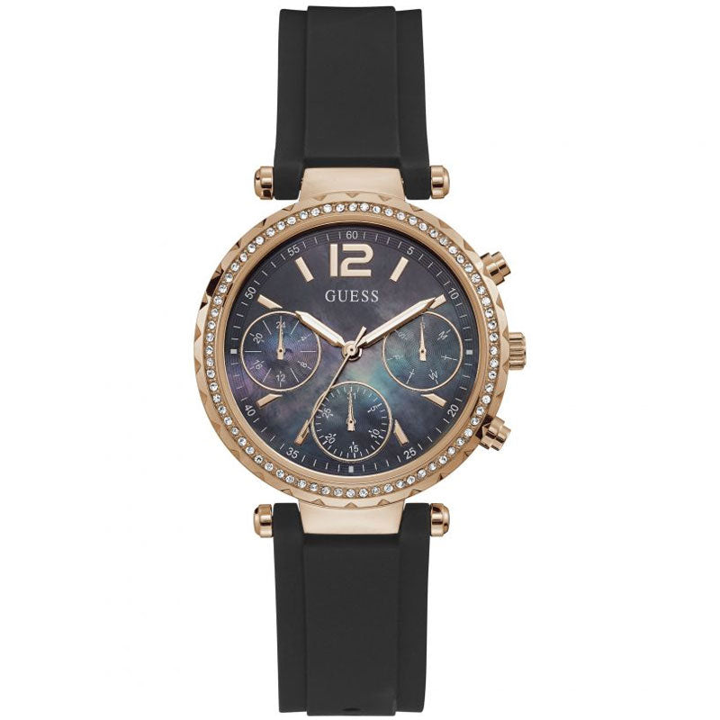 Guess Solstice Diamonds Black Mother of Pearl Dial Black Rubber Strap Watch for Women - GW0113L2 Buy Now By Guess