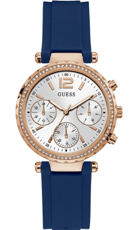 Guess Solstice Diamonds Silver Dial Blue Rubber Strap Watch for Women - GW0113L3 Buy Now By Guess