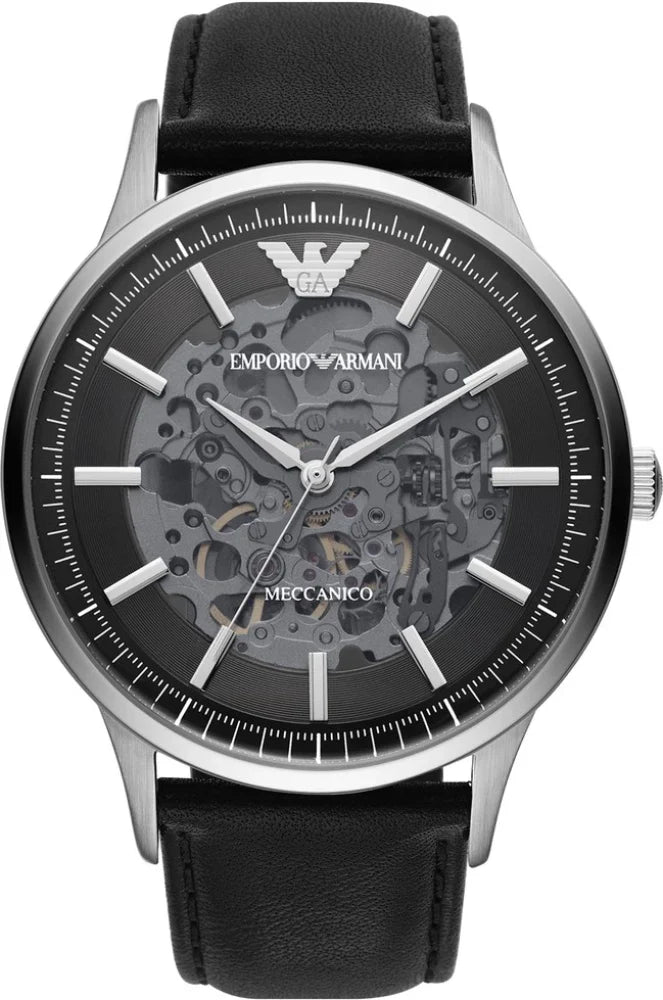 Emporio Armani Meccanico Skeleton Automatic Black Dial Black Leather Strap Watch for Men - AR60038 Buy Now By Emporio Armani