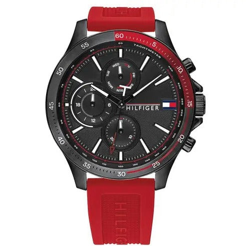 Tommy Hilfiger Multifunction Quartz Black Dial Red Rubber Strap Watch for Men - 1791722 Buy Now By Tommy Hilfiger