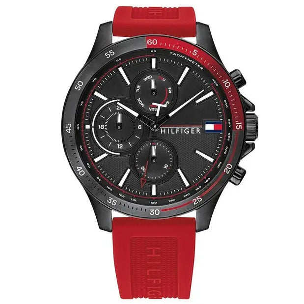 Tommy Hilfiger Multifunction Quartz Black Dial Red Rubber Strap Watch for Men - 1791722 Buy Now By Tommy Hilfiger