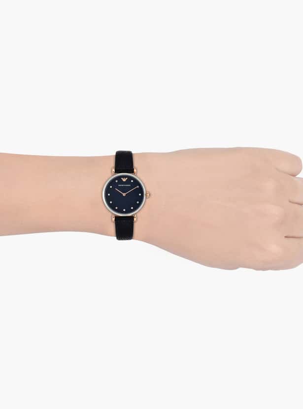 Emporio Armani Gianni T Bar Analog Blue Dial Black Leather Strap Watch For Women - AR1989 Buy Now By Emporio Armani