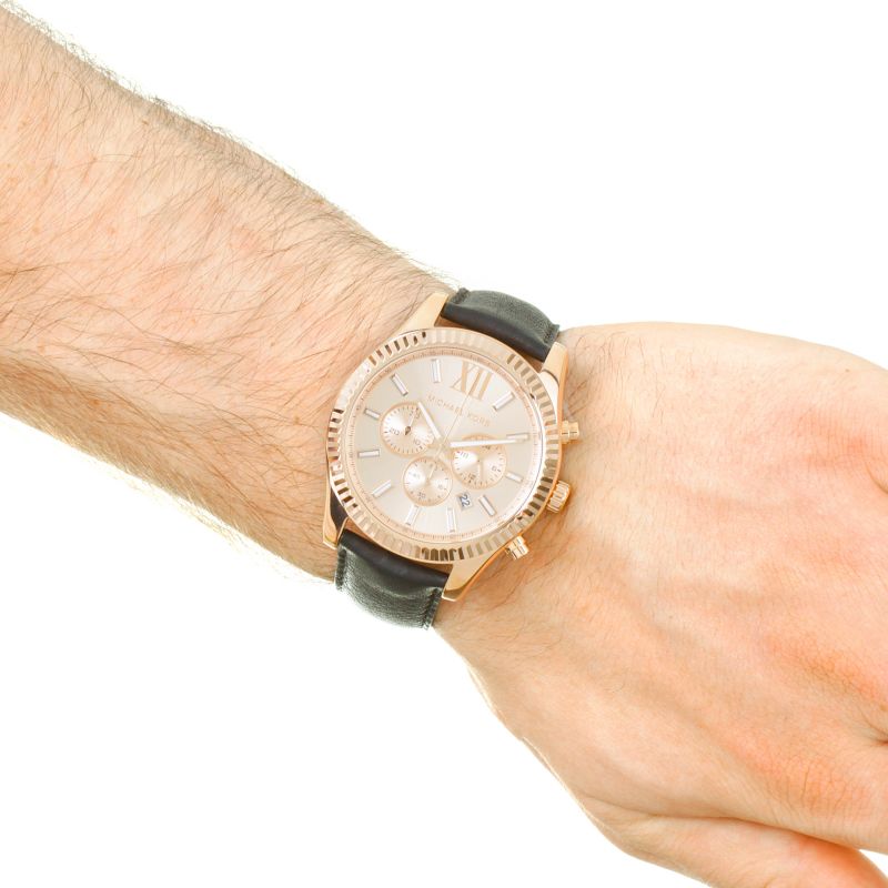 Michael Kors Lexington Chronograph Rose Gold Dial Black Leather Strap Watch For Men - MK8516 Buy Now By Michael Kors