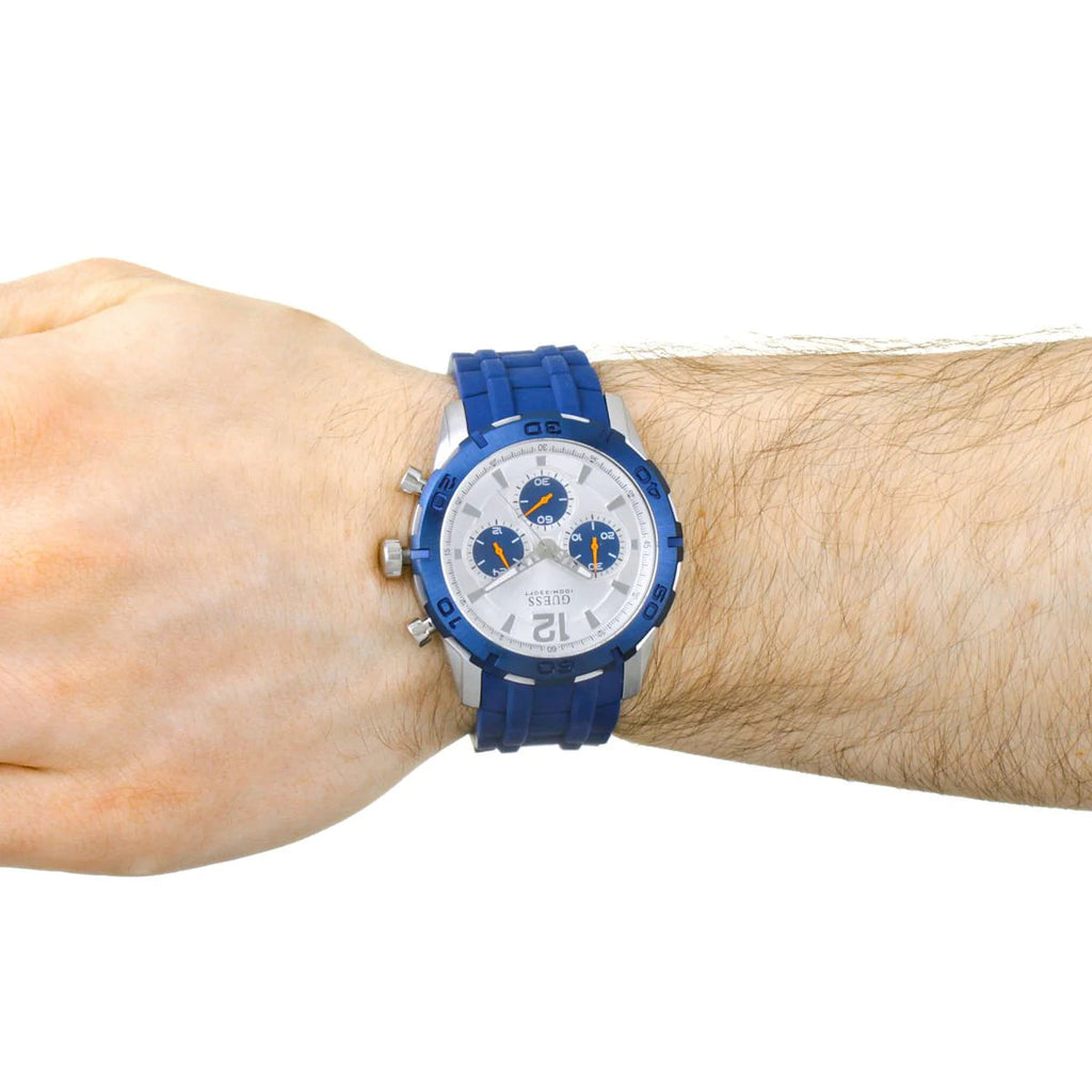 Guess Caliber Chronograph White Dial Blue Rubber Strap Watch for Men - W0864G6 Buy Now By Guess