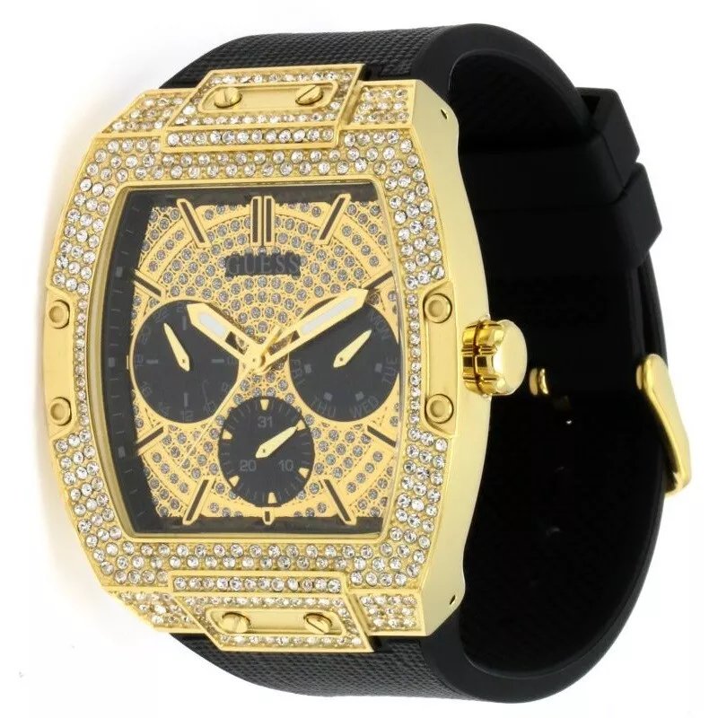 Guess Phoenix Multifunction Crystals Gold Dial Black Silicone Strap Watch For Men - GW0048G2 Buy Now By Guess