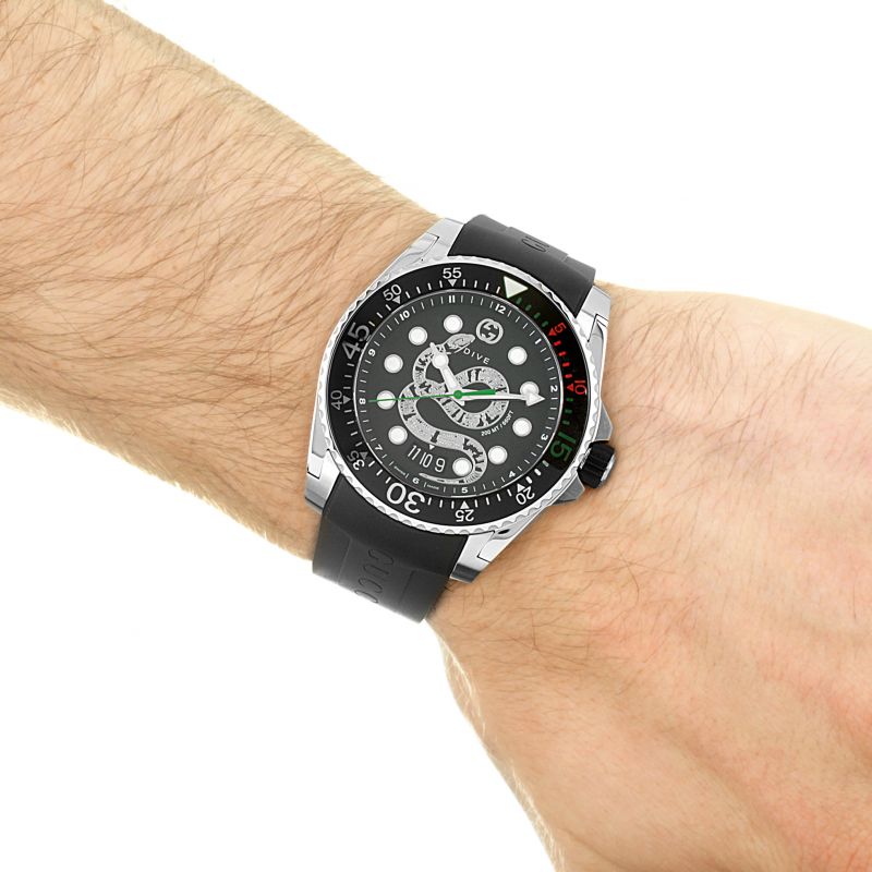 Gucci Dive Quartz Kingsnake Black Dial Black Rubber Strap Watch For Men - YA136217 Buy Now By Gucci