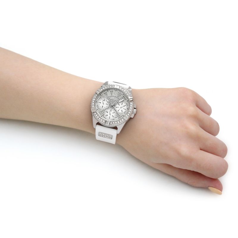 Guess Frontier Diamonds Silver Dial White Rubber Strap Watch For Women - W1160L4 Buy Now By Guess