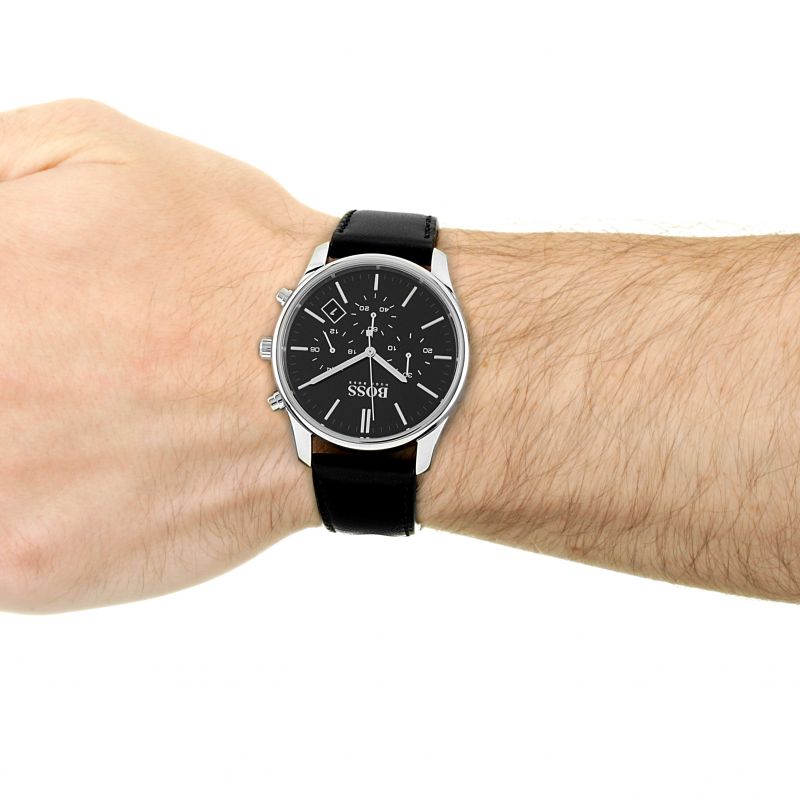 Hugo Boss Time One Chronograph Black Dial Black Leather Strap Watch for Men - 1513430 Buy Now By Hugo Boss