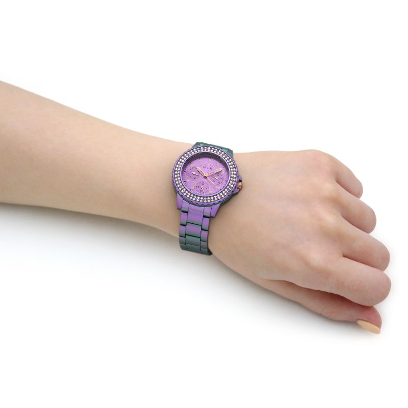Guess Crown Jewel Diamonds Purple Dial Purple Steel Strap Watch for Women - GW0410L4 Buy Now By Guess
