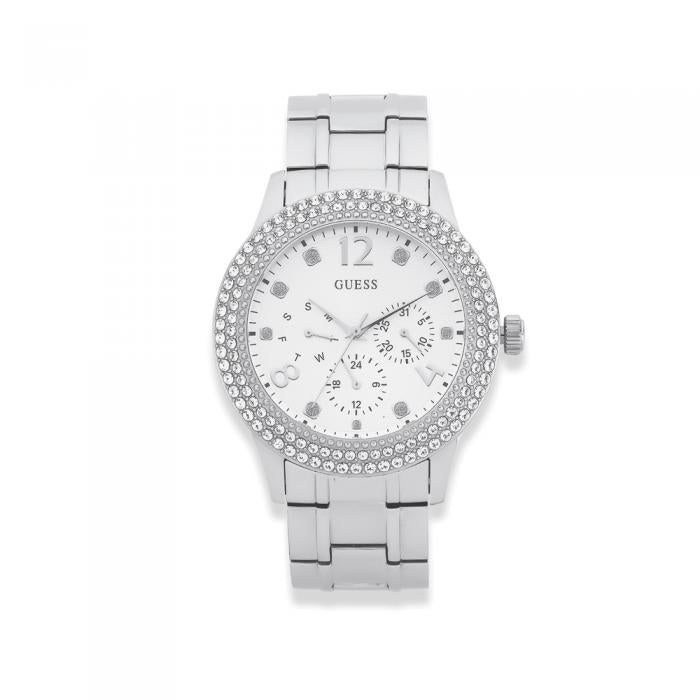 Guess Bedazzle Diamonds Silver Dial Silver Steel Strap Watch For Women - W1097L1 Buy Now By Guess