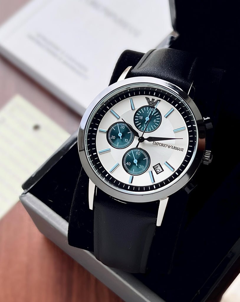 Emporio Armani Renato Chronograph Silver Dial Black Leather Strap Watch for Men - AR11473 Buy Now By Emporio Armani