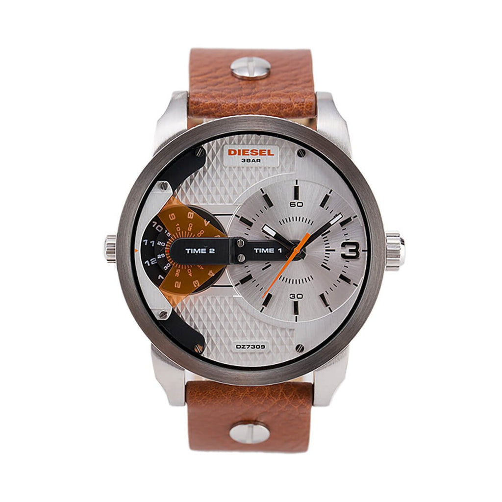 Diesel Mini Daddy Silver Dial Brown Leather Strap Watch For Men - DZ7309 Buy Now By Diesel