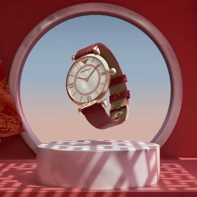 Emporio Armani Gianni T-Bar Analog Mother of Pearl Dial Red Leather Strap Watch For Women - AR11322 Buy Now By Emporio Armani