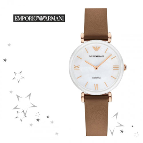 Emporio Armani Gianni T Bar Quartz Mother of Pearl White Dial Brown Leather Strap Watch For Women - AR11040 Buy Now By Emporio Armani
