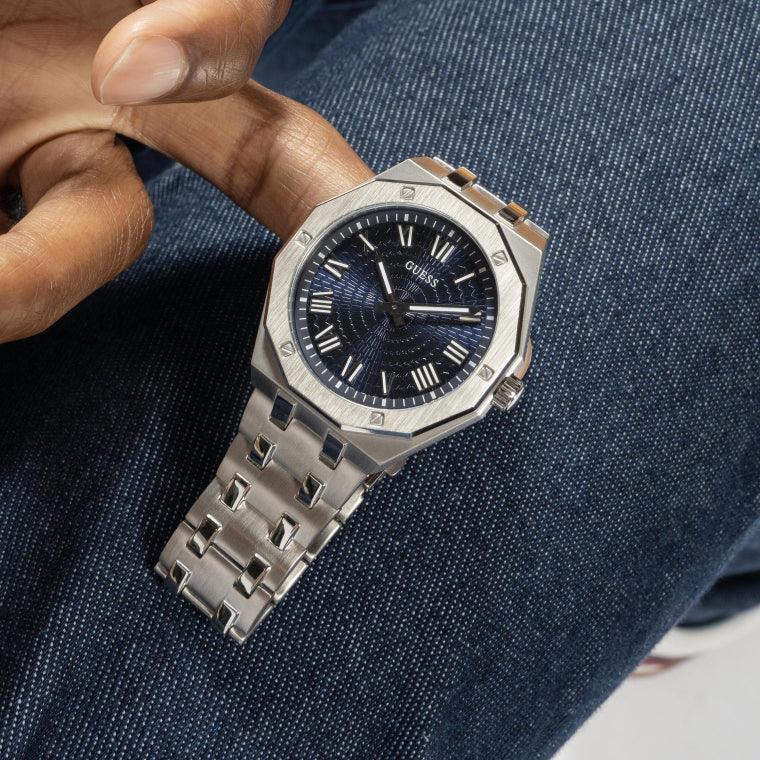 Guess Asset Quartz Blue Dial Silver Steel Strap Watch For Men - GW0575G4 Buy Now By Guess