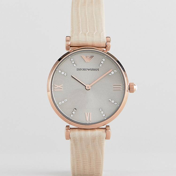 Emporio Armani Gianni T Bar Gunmetal Dial Beige Leather Strap Watch For Women - AR1681 Buy Now By Emporio Armani