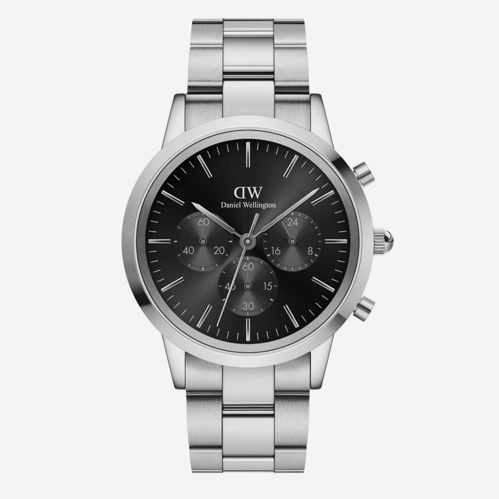 Daniel Wellington Iconic Chronograph Link Black Dial Silver Steel Strap Watch For Men - DW00100645 Buy Now By Daniel Wellington