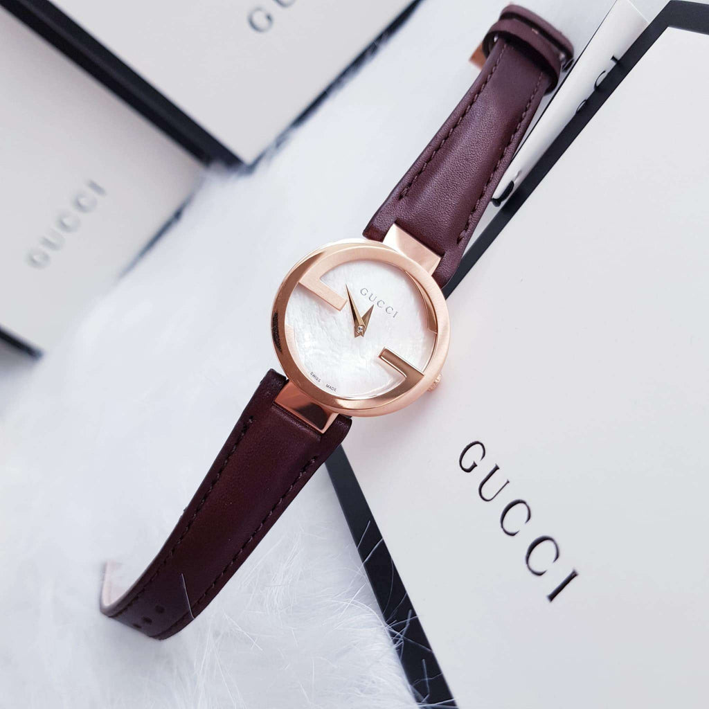 Gucci G Interlocking Mother of Pearl Dial Brown Leather Strap Watch For Women - YA133516 Buy Now By Gucci