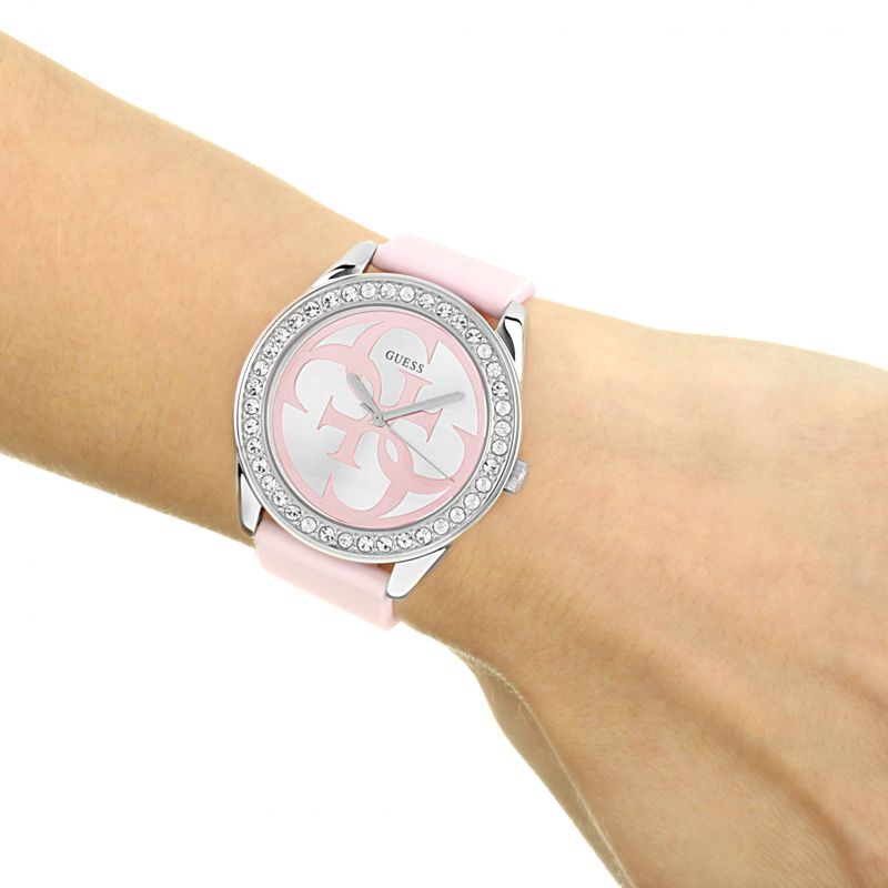 Guess G-Twist Diamonds Silver Dial Pink Rubber Strap Watch for Women - W1240L1 Buy Now By Guess