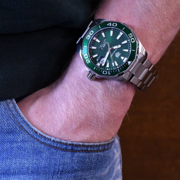 Tag Heuer Aquaracer Calibre 5 Green Dial Silver Steel Strap Watch for Men - WAY201S.BA0927 Buy Now By Tag Heuer