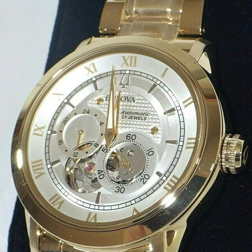 Bulova BVA Skeleton Silver Dial Gold Steel Strap Watch for Men - 97A108 Buy Now By Bulova