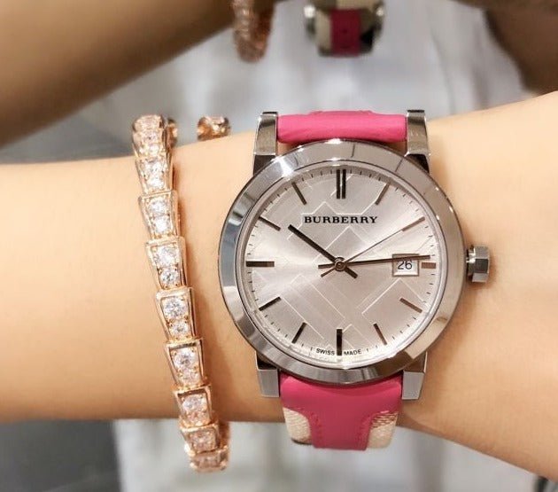 Burberry The City White Dial Haymarket Pink Leather Strap Watch for Women - BU9149 Buy Now By Burberry